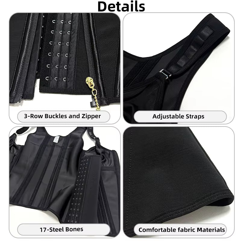 Shapewear Women Fajas Waist Trainer Tummy Control Vest Body Shaper 17 Steel Bones 3-Row Hooks Zipper Adjustable Strap